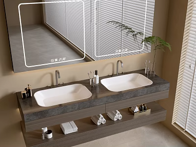 Bathroom Vanity With Double Sinks Marble Countertop Wall Mirrors And Storage Shelf 3d model