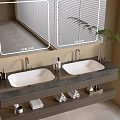 Bathroom Vanity With Double Sinks Marble Countertop Wall Mirrors And Storage Shelf
