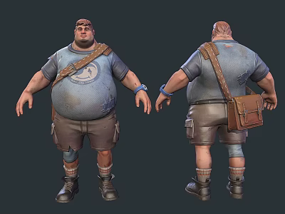 Overweight Man In Torn Blue T-shirt With Brown Shoulder Bag Shorts And Knee Pads 3d model