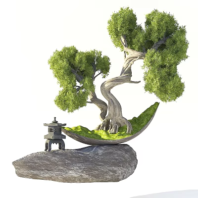Elegant Bonsai Plant With Curved Trunk Green Foliage And Mini Pagoda On Stone Base 3d model