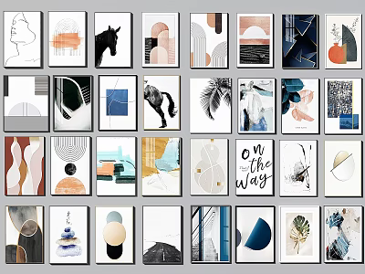 Various Styles Decorative Wall Art Abstract Nature Animal Prints In White Frames Grid Arrangement 3d model
