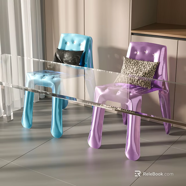 Modern Accent Chairs In Blue Purple With Decorative Pillows And Glass Table 3d model 