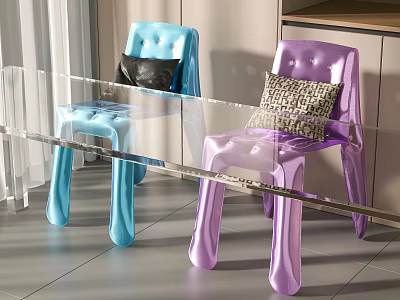 Modern Accent Chairs In Blue Purple With Decorative Pillows And Glass Table 3d model