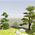 Serene Garden Landscape With Green Lawn Trees Stones Shrubs Wooden Railing And Pink Decorative Planter
