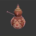 Ornate Red And Gold Gourd Shaped Household Item With Decorative Spire And Handle
