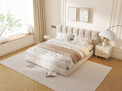 Double Bed With Upholstered Headboard Floral Bedspread Bedside Table Lamp And Window Curtains 3d model