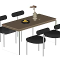 Modern Dining Table Set With Wooden Top Black Chairs Metal Legs Flower Vase Fruit Bowl
