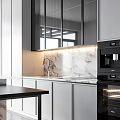 Modern Black And White Kitchen Interior With Marble Backsplash And Wine Storage Cabinet