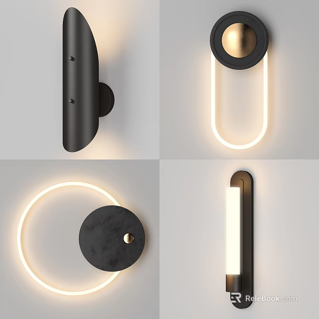Modern Black Gold Wall Lamps With Circular Oval Linear Illuminated Designs 3d model 