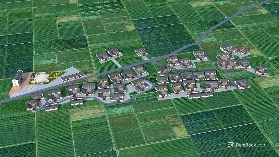 Detached Villas Surrounded by Green Fields in Residential Layout With Road Connections 3d model 