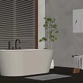 Minimalist Bathroom Interior With Freestanding Bathtub Wooden Blinds And Green Plant