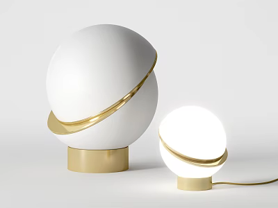 White Spherical Table Lamps With Golden Ring Decoration And Gold Base One Lit 3d model