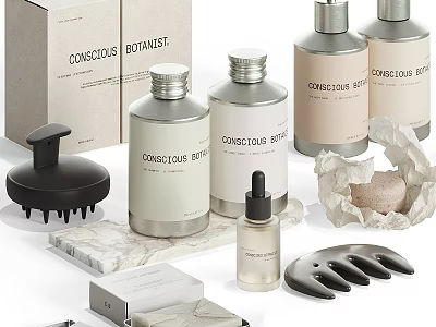 Conscious Daily Cleansing Products With Soap Bottles Combs And Marble Surface 3d model