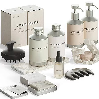 Conscious Daily Cleansing Products With Soap Bottles Combs And Marble Surface 3d model