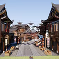 Traditional Architecture Commercial Street With Tiled Roofs Red Umbrellas And Shops