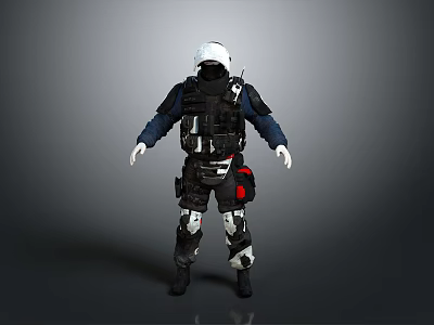 Game and Movie Tactical Character With White Helmet Black Armor And Gear 3d model