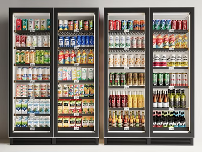 Black Upright Glass Door Freezers Neatly Stocked With Beverages And Food Items 3d model