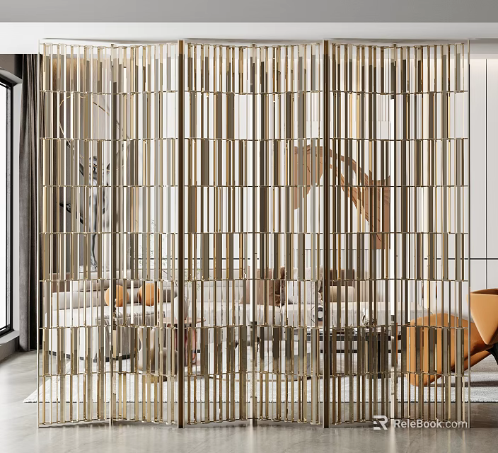 Elegant Modern Decorative Room Divider With Vertical Metal Slats In Luxury Living Room Interior 3d model 