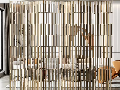 Elegant Modern Decorative Room Divider With Vertical Metal Slats In Luxury Living Room Interior 3d model