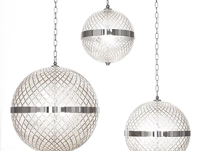 Spherical Grid Textured Pendant Lights with Clear Glass Shades and Silver Metal Bands 3d model