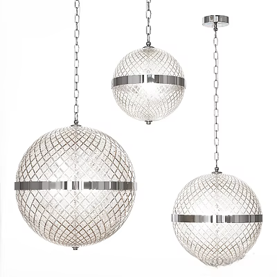 Spherical Grid Textured Pendant Lights with Clear Glass Shades and Silver Metal Bands 3d model