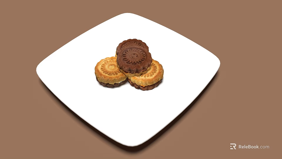 Traditional Round Mooncakes With Patterned Tops On White Plate Over Brown Background 3d model 