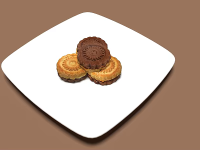 Traditional Round Mooncakes With Patterned Tops On White Plate Over Brown Background 3d model