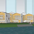 Modern Yellow And White School Buildings With Waterfront Colorful Glass Windows And Trees