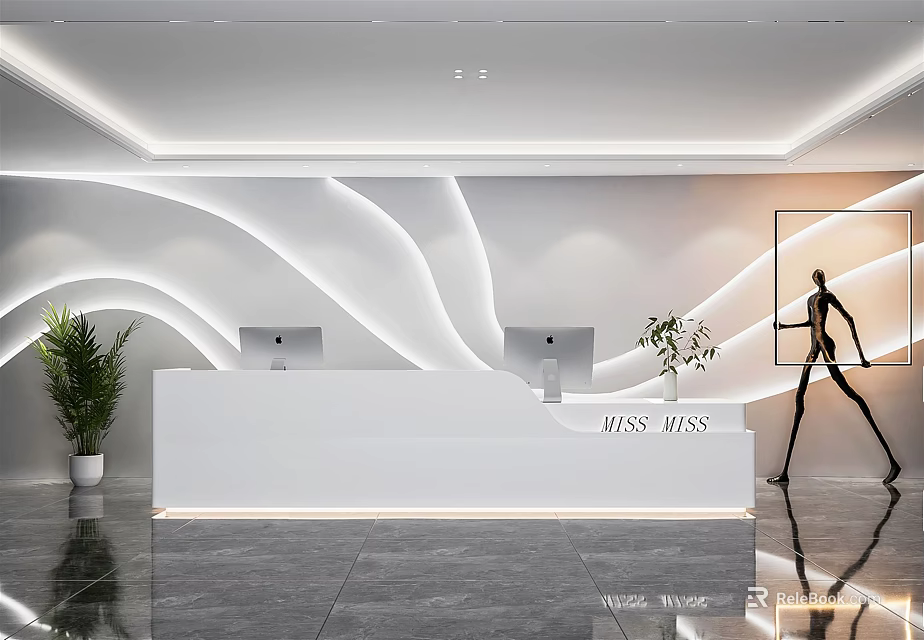 Modern Reception Area With White Desk Curved Wall Design Computers Potted Plant And Marble Floor 3d model 