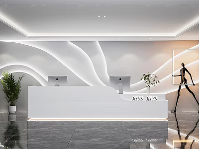 Modern Reception Area With White Desk Curved Wall Design Computers Potted Plant And Marble Floor 3d model
