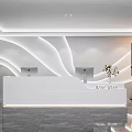 Modern Reception Area With White Desk Curved Wall Design Computers Potted Plant And Marble Floor