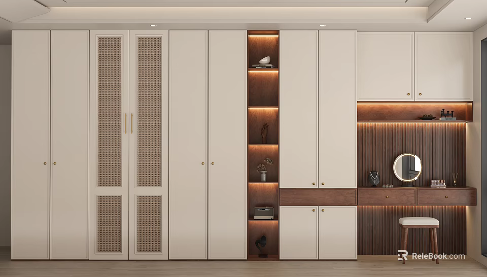 Modern Wardrobe Design With White Cabinetry Wooden Accents Lighted Shelves And Dressing Table 3d model 