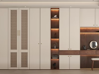 Modern Wardrobe Design With White Cabinetry Wooden Accents Lighted Shelves And Dressing Table 3d model