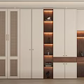 Modern Wardrobe Design With White Cabinetry Wooden Accents Lighted Shelves And Dressing Table