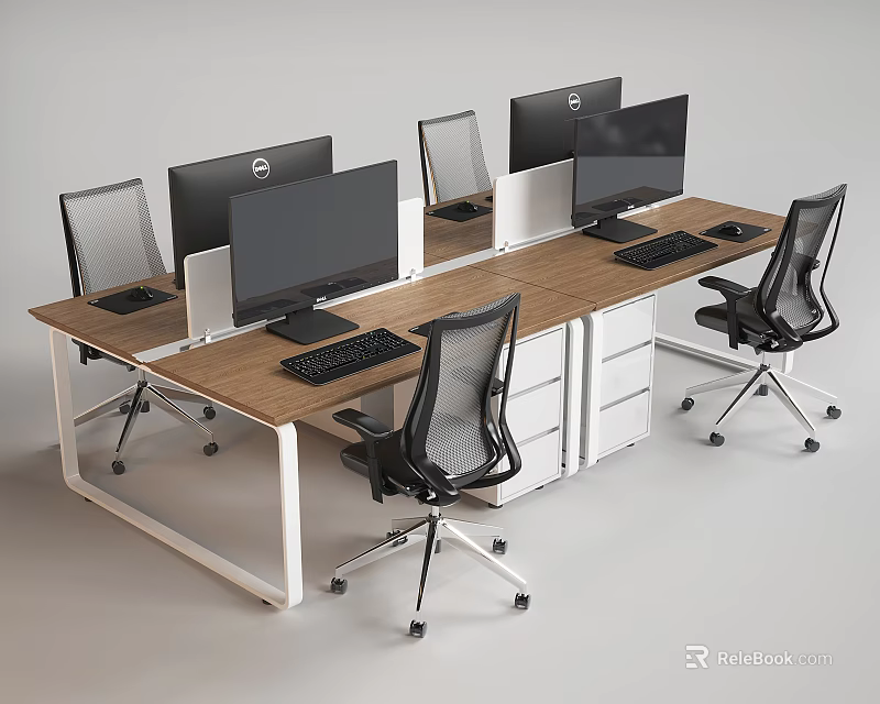 Modern Office Desk Setup With Wooden Top Multiple Monitors Mesh Chairs And Drawer Cabinets 3d model 