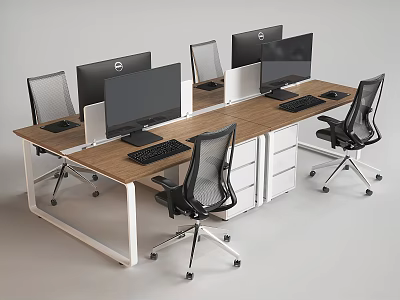 Modern Office Desk Setup With Wooden Top Multiple Monitors Mesh Chairs And Drawer Cabinets 3d model