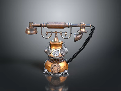 Antique Ornate Telephone With Metallic Base Dial And Coiled Cord 3d model