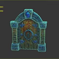 Ornate Fantasy Wooden Door With Red Carved Panels Blue Gemstone And Arch Design