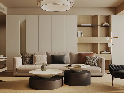 Contemporary Living Room Interior With Beige Sofa Round Coffee Tables Wooden Bookshelves And Decorative Elements 3d model