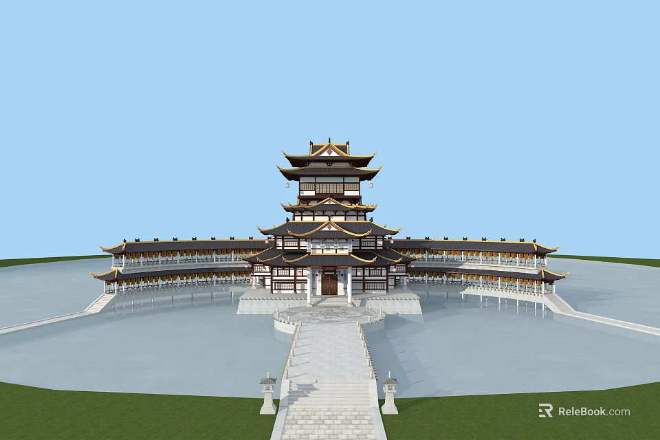 Classic Ancient Architecture With Multi Tiered Tower Curved Eaves Wooden Structure And Stone Steps 3d model 
