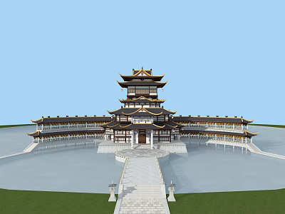 Classic Ancient Architecture With Multi Tiered Tower Curved Eaves Wooden Structure And Stone Steps 3d model