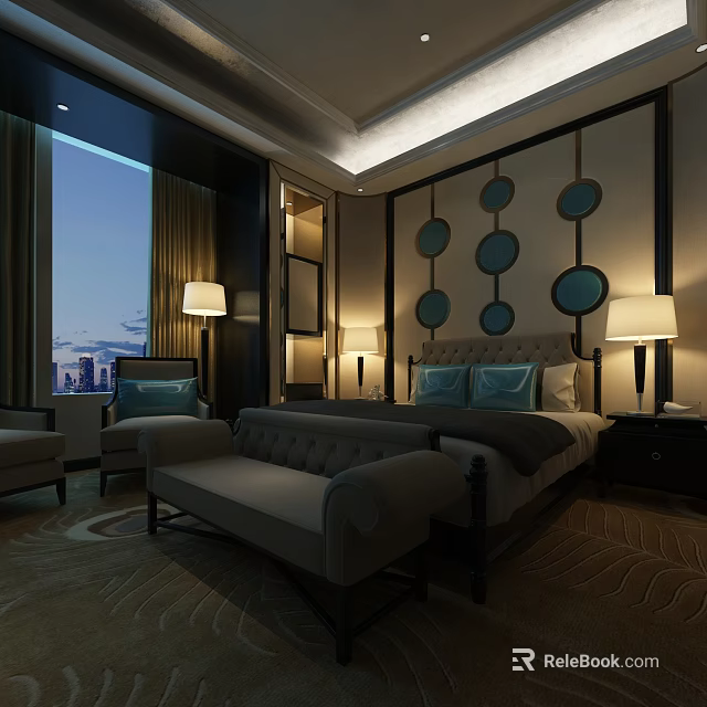 Elegant Hotel Guest Room With Circular Wall Decor Bed Table Lamps And City View Window 3d model 