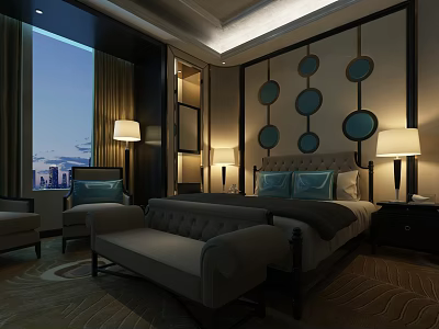 Elegant Hotel Guest Room With Circular Wall Decor Bed Table Lamps And City View Window 3d model
