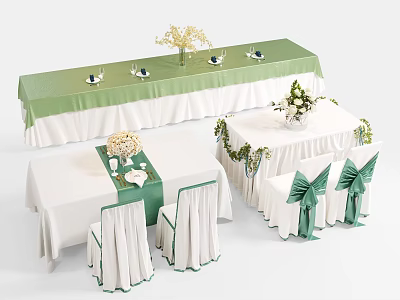 Elegant Banquet Hall Decor With White Tablecloths Green Chair Bows Flower Vases And Tableware 3d model