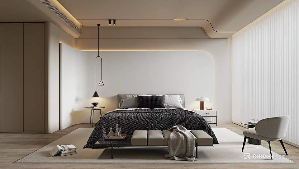 Modern Minimalist Bedroom Interior With Bedside Tables Pendant Lamp Bench Chair And Soft Rug 3d model 