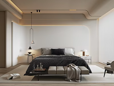 Modern Minimalist Bedroom Interior With Bedside Tables Pendant Lamp Bench Chair And Soft Rug 3d model