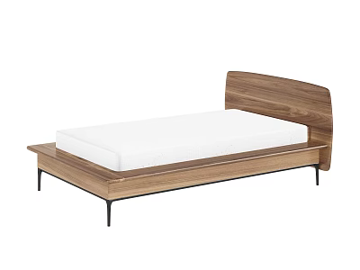 Modern Single Platform Bed with Walnut Wooden Headboard White Mattress and Black Metal Legs 3d model