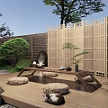Karesansui Dry Landscape Garden With Traditional Pavilion Red Maple Trees And Stone Path
