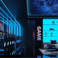 Gaming Cafe With Blue Lighting Starry Ceiling Game Icons Computers And Sofa Area 3d model