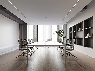 Modern Conference Room Interior Design With Long Meeting Table Chairs Large Windows Plants And Wooden Floor 3d model